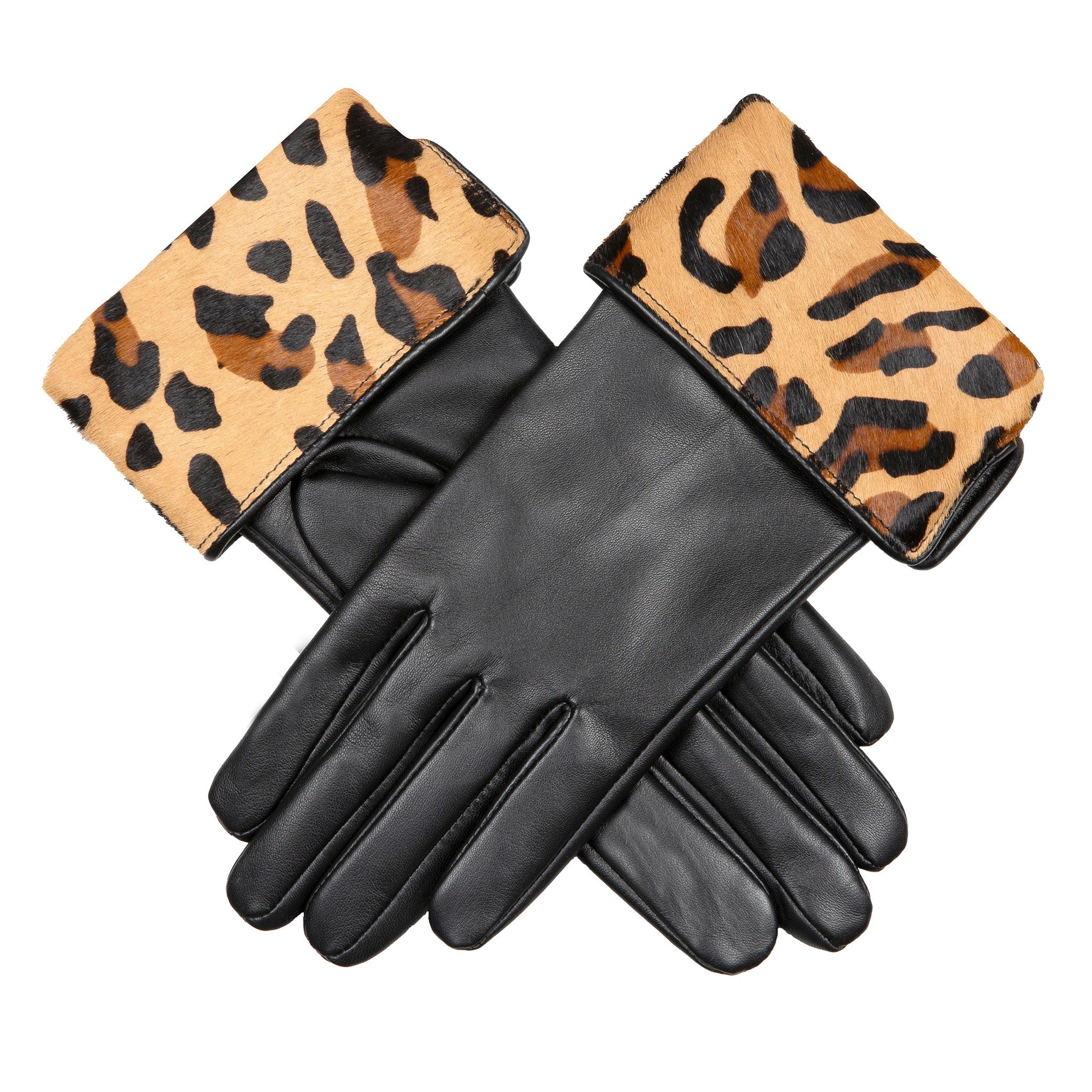 Women's Lined Leather Gloves with Calf-hair Leopard Print Cuffs