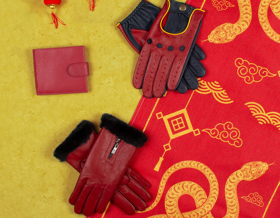 Lunar New Year Gifts for Him and Her - including berry red leather gloves for men and women plus a leather bifold wallet in berry