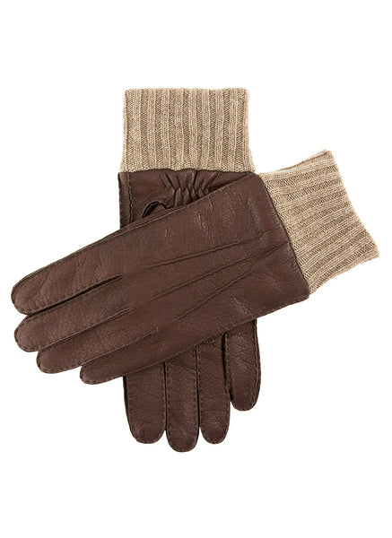 Men's Handsewn Three-Point Cashmere-Lined Deerskin Leather Gloves with Cashmere Cuffs
