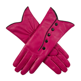 Women’s Wool-Lined Leather Gloves with Buttons and Piping