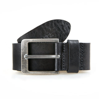 Men's heritage full-grain leather belt with antique pewter buckle and gift box in black