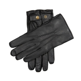 Men's three-point cashmere-lined deerskin leather gloves in black/black