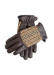 Men's Faux Fur-Lined Abraham Moon Dogtooth Tweed and Leather Gloves