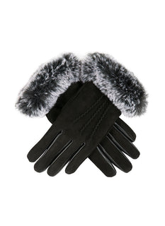 Women’s Water-Resistant Three-Point Faux Fur-Lined Nubuck Leather Gloves with Faux Fur Cuffs